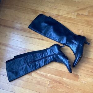 Nine West Black Leather Over-the-Knee Pointed-Toe Boots